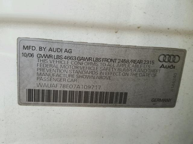 WAUAF78E07A109717 - 2007 AUDI A4 2 WHITE photo 10