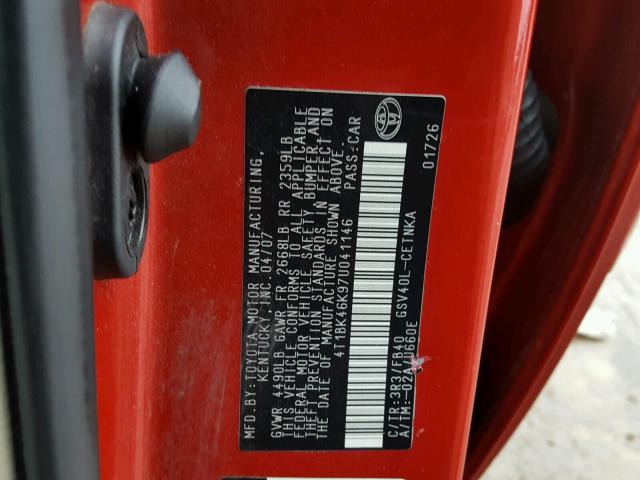 4T1BK46K97U041146 - 2007 TOYOTA CAMRY NEW RED photo 10