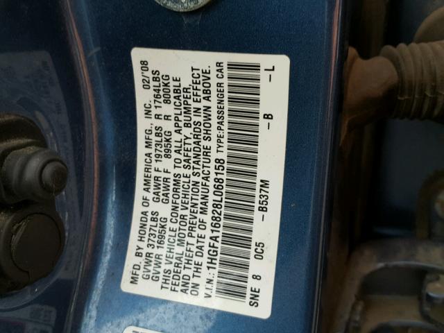 1HGFA16828L068158 - 2008 HONDA CIVIC EX Mavi foto 10