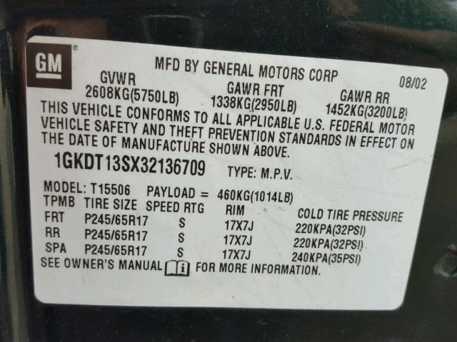 1GKDT13SX32136709 - 2003 GMC ENVOY GREEN photo 10