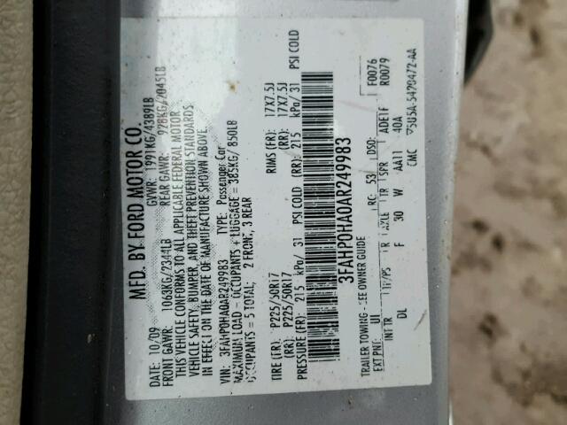 3FAHP0HA0AR249983 - 2010 FORD FUSION SE SILVER photo 10