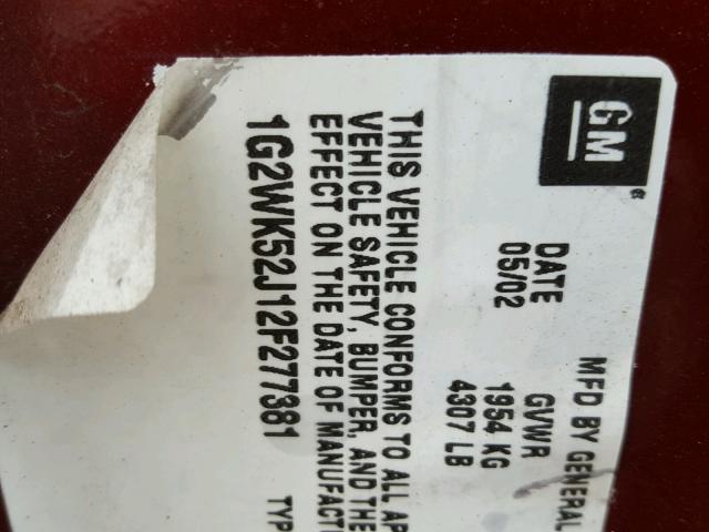 1G2WK52J12F277381 - 2002 PONTIAC GRAND PRIX RED photo 10