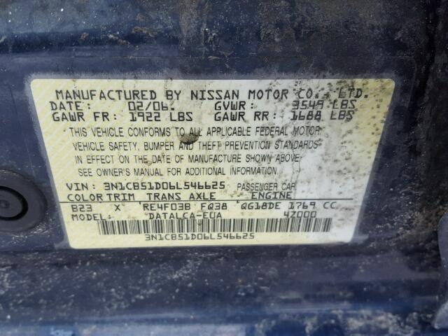 3N1CB51D06L546625 - 2006 NISSAN SENTRA 1.8 BLUE photo 10