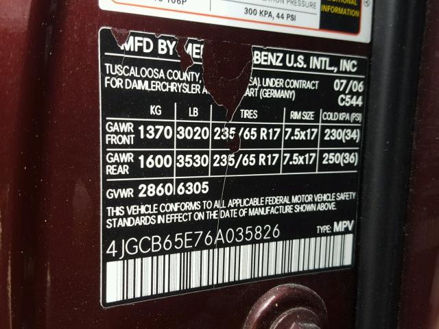 4JGCB65E76A035826 - 2006 MERCEDES-BENZ R 350 MAROON photo 10