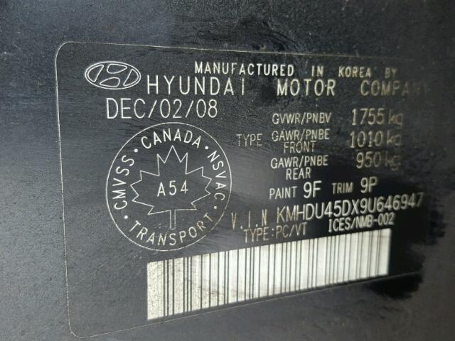 KMHDU45DX9U646947 - 2009 HYUNDAI ELANTRA GL BLACK photo 10