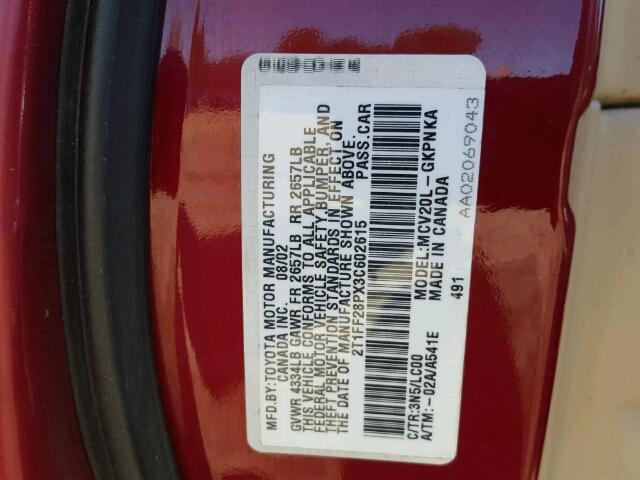 2T1FF28PX3C602615 - 2003 TOYOTA CAMRY SOLA RED photo 10