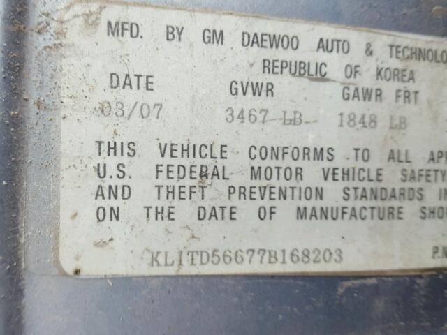 KL1TD56677B168203 - 2007 CHEVROLET AVEO BASE Niebieski zdjęcie 10