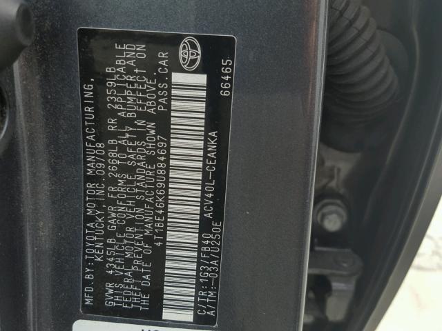 4T1BE46K69U884697 - 2009 TOYOTA CAMRY BASE GRAY photo 10