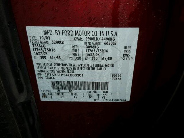 1FTSX31P54EB00301 - 2004 FORD F350 SRW S MAROON photo 10