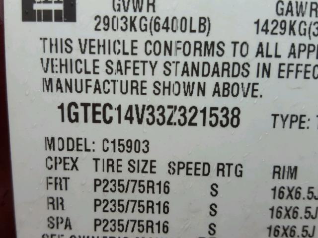 1GTEC14V33Z321538 - 2003 GMC NEW SIERRA MAROON photo 10