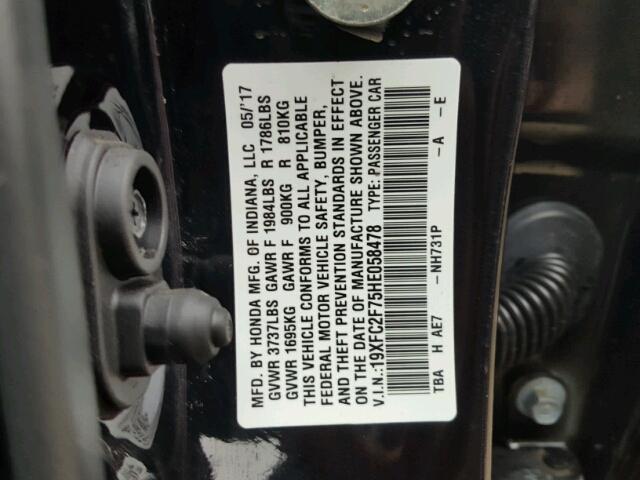 19XFC2F75HE058478 - 2017 HONDA CIVIC EX შავი ფოტო 10