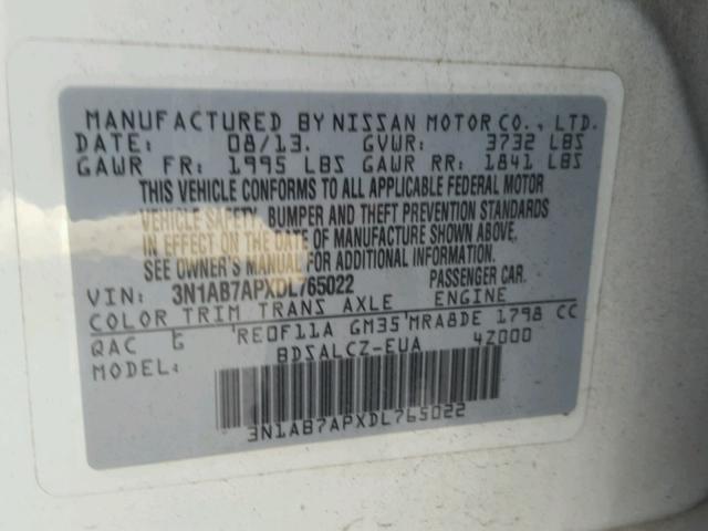 3N1AB7APXDL765022 - 2013 NISSAN SENTRA S WHITE photo 10