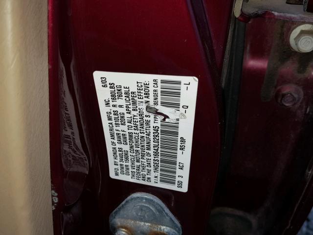 1HGES16643L029345 - 2003 HONDA CIVIC LX BURGUNDY photo 10