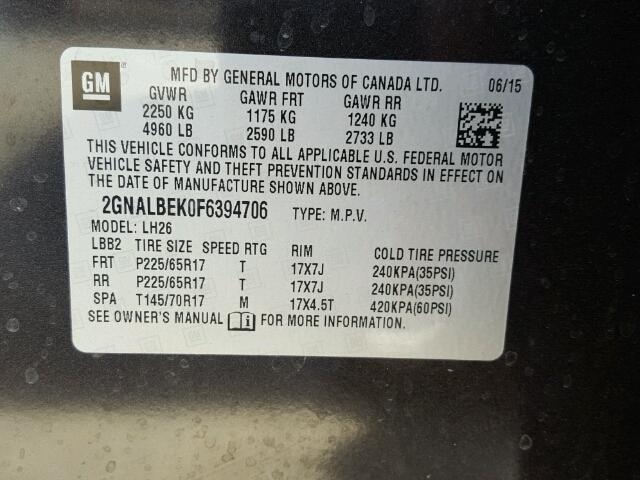 2GNALBEK0F6394706 - 2015 CHEVROLET EQUINOX LT CHARCOAL photo 10