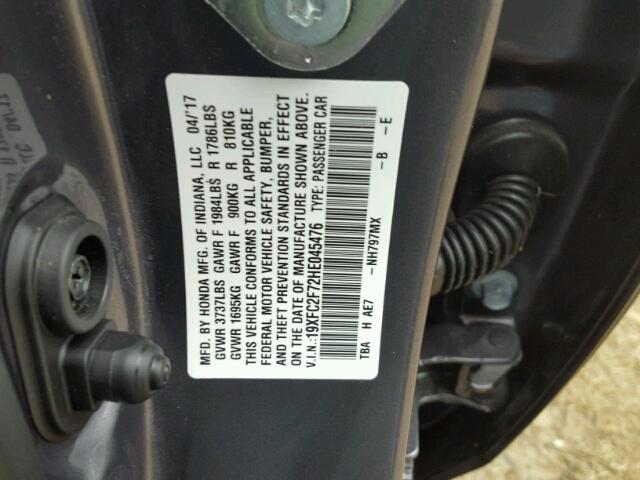 19XFC2F72HE045476 - 2017 HONDA CIVIC EX ნაცრისფერი ფოტო 10