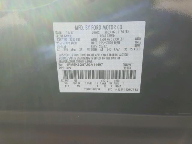 1FM5K8D87JGA11497 - 2018 FORD EXPLORER X BLACK photo 10