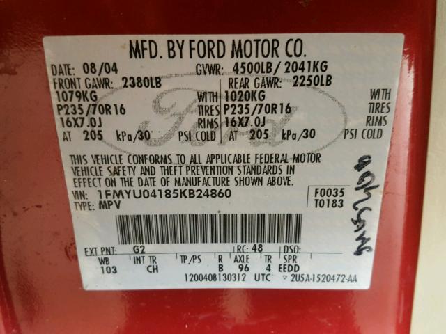 1FMYU04185KB24860 - 2005 FORD ESCAPE LIM RED photo 10