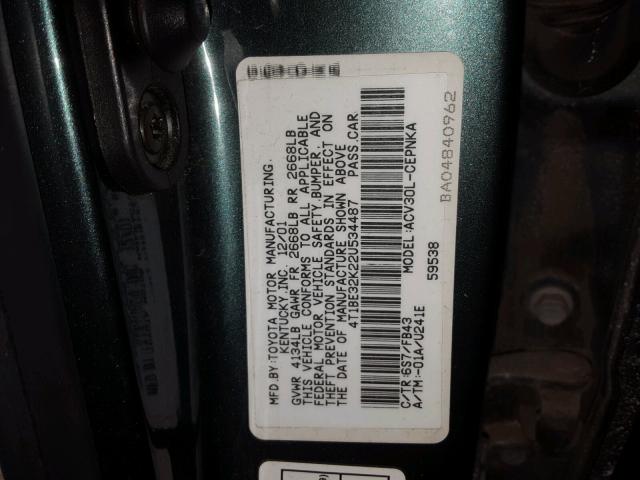 4T1BE32K22U534487 - 2002 TOYOTA CAMRY LE GREEN photo 10