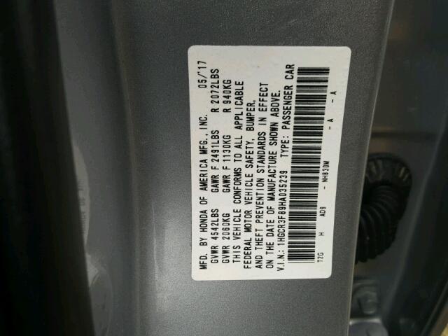 1HGCR3F89HA035239 - 2017 HONDA ACCORD EXL SILVER photo 10