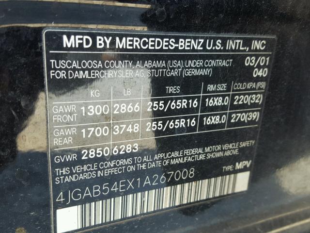 4JGAB54EX1A267008 - 2001 MERCEDES-BENZ ML 320 BLACK photo 10