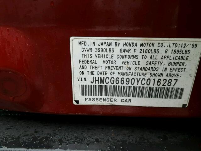 JHMCG6690YC016287 - 2000 HONDA ACCORD SE RED photo 10