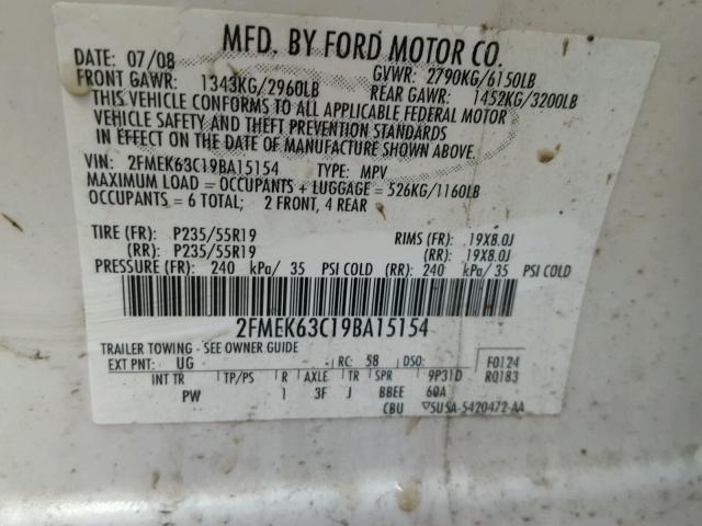 2FMEK63C19BA15154 - 2009 FORD FLEX LIMIT WHITE photo 10