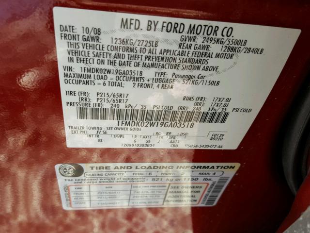 1FMDK02W19GA03518 - 2009 FORD TAURUS X S RED photo 10