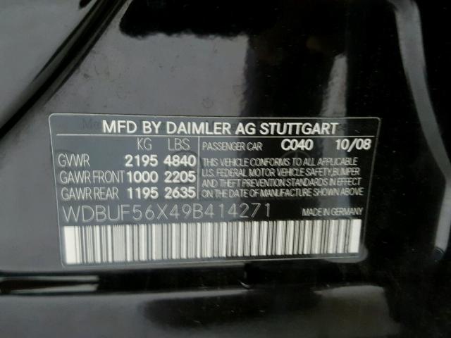 WDBUF56X49B414271 - 2009 MERCEDES-BENZ E 350 BLACK photo 10