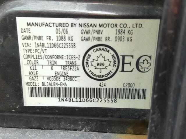 1N4BL11D66C225558 - 2006 NISSAN ALTIMA SE GRAY photo 10