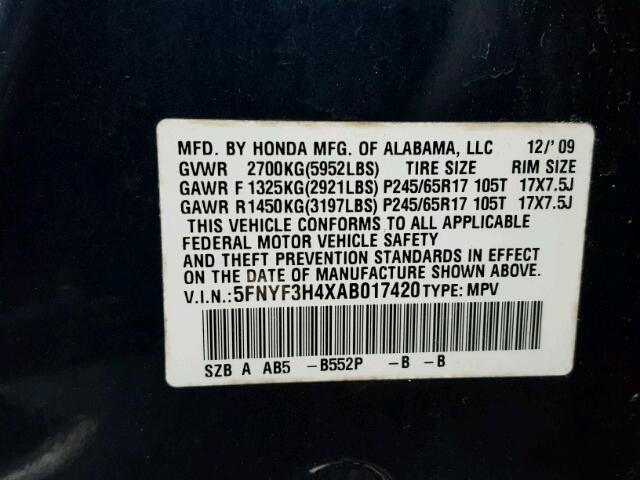 5FNYF3H4XAB017420 - 2010 HONDA PILOT EX BLUE photo 10