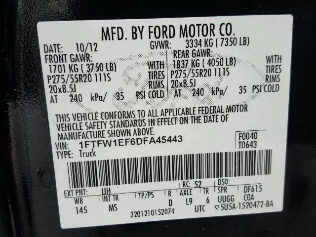 1FTFW1EF6DFA45443 - 2013 FORD F150 SUPER BLACK photo 10