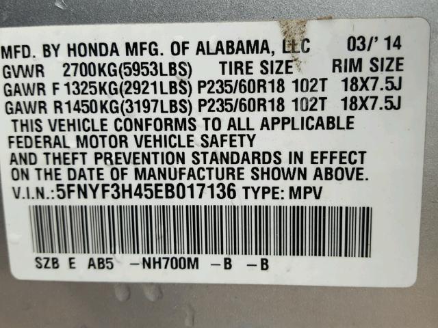 5FNYF3H45EB017136 - 2014 HONDA PILOT EX SILVER photo 10