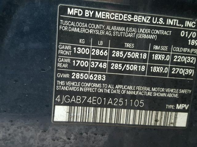 4JGAB74E01A251105 - 2001 MERCEDES-BENZ ML 55 BLACK photo 10