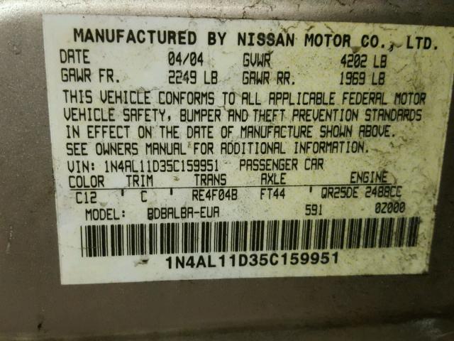 1N4AL11D35C159951 - 2005 NISSAN ALTIMA S TAN photo 10