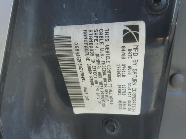 1G8AJ52F83Z178491 - 2003 SATURN ION LEVEL SILVER photo 10