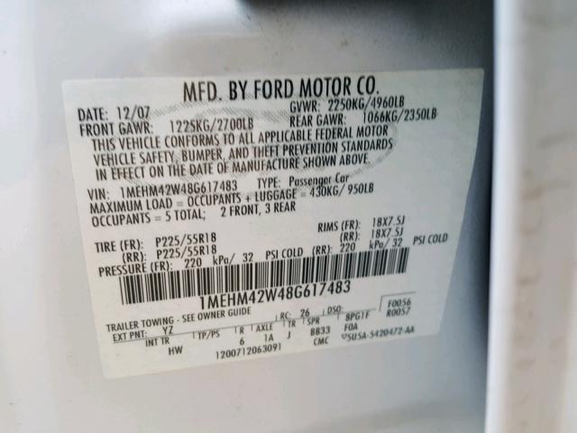 1MEHM42W48G617483 - 2008 MERCURY SABLE PREM WHITE photo 10