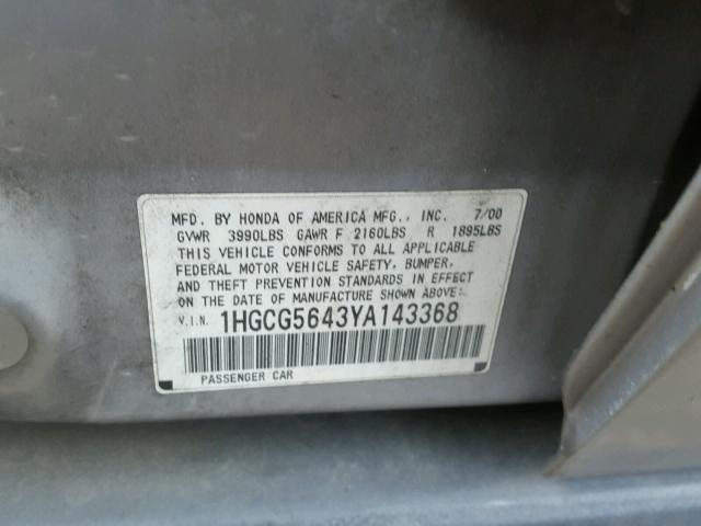 1HGCG5643YA143368 - 2000 HONDA ACCORD LX SILVER photo 10