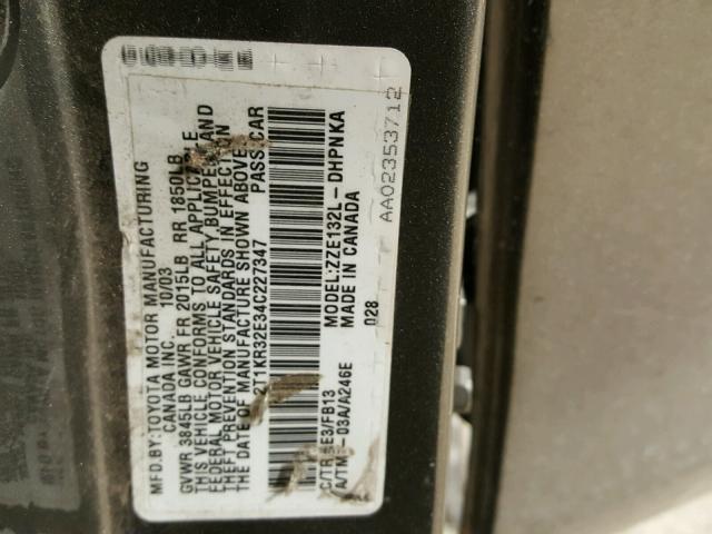 2T1KR32E34C227347 - 2004 TOYOTA COROLLA MA GRAY photo 10