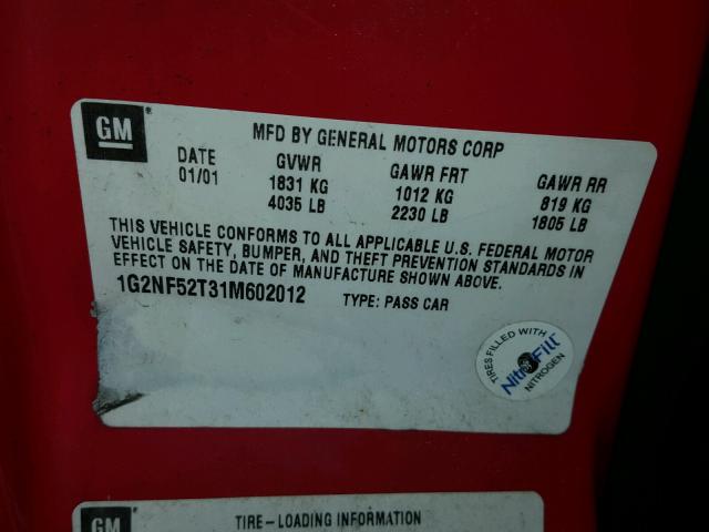 1G2NF52T31M602012 - 2001 PONTIAC GRAND AM S 红色 照片 10