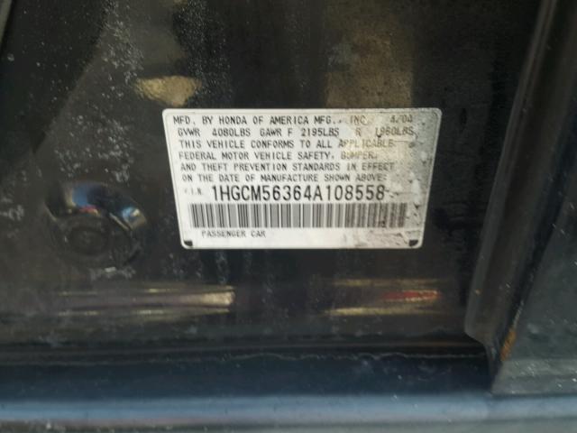 1HGCM56364A108558 - 2004 HONDA ACCORD LX BLACK photo 10