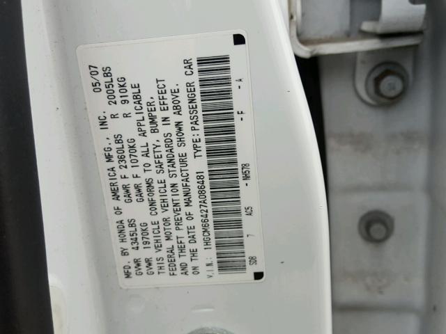 1HGCM66427A086481 - 2007 HONDA ACCORD SE WHITE photo 10