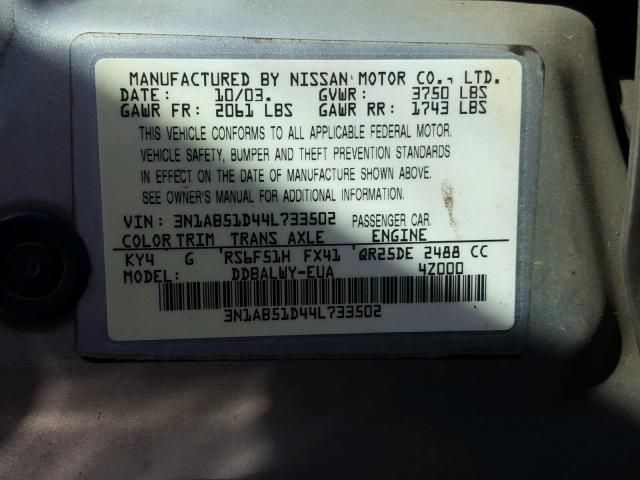 3N1AB51D44L733502 - 2004 NISSAN SENTRA SE- SILVER photo 10