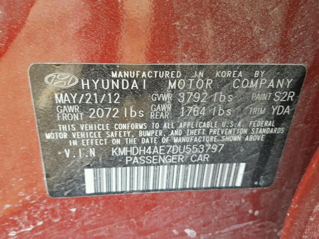 KMHDH4AE7DU553797 - 2013 HYUNDAI ELANTRA GL RED photo 10