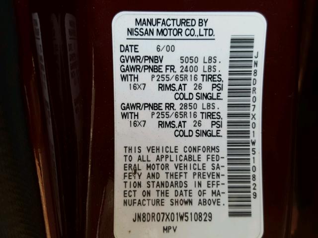 JN8DR07X01W510829 - 2001 NISSAN PATHFINDER BURGUNDY photo 10