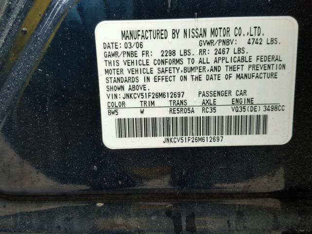 JNKCV51F26M612697 - 2006 INFINITI G35 BLUE photo 10