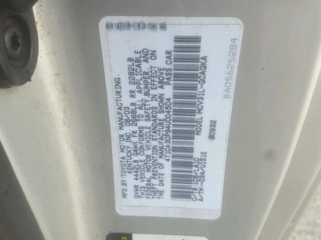 4T1CA30P94U004504 - 2004 TOYOTA CAMRY SOLA SILVER photo 10