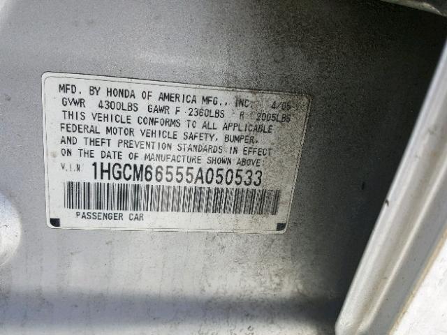 1HGCM66555A050533 - 2005 HONDA ACCORD EX SILVER photo 10