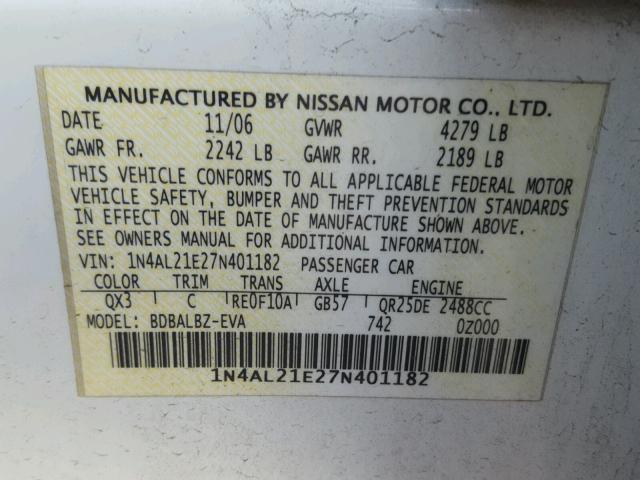 1N4AL21E27N401182 - 2007 NISSAN ALTIMA 2.5 WHITE photo 10