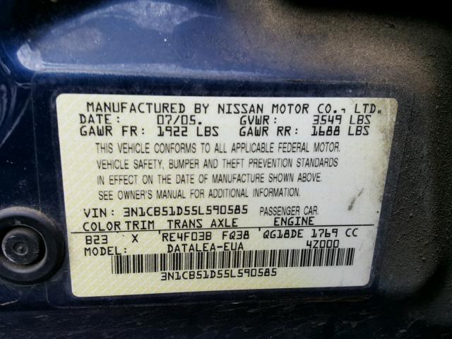 3N1CB51D55L590585 - 2005 NISSAN SENTRA 1.8 BLUE photo 10