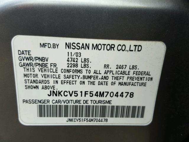 JNKCV51F54M704478 - 2004 INFINITI G35 GRAY photo 10